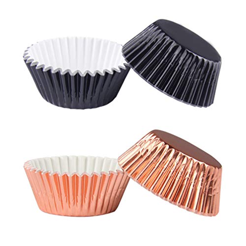 Hemoton 200 PCS Moldes de Horneado, Moldes para Cupcakes Muffins Capsulas Magdalenas de Aluminio, Taza de Pastel de Muffin de Aluminio para Fiestas de Bodas de Navidad Cumpleaños (Rosa Dorado + Negro)