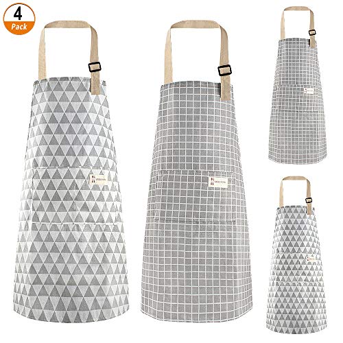 Heqishun 4 Piezas Delantal de Cocina con Bolsillo, Delantal de Cocina Ajustable de Lino y Algodón para Mujeres y Hombres