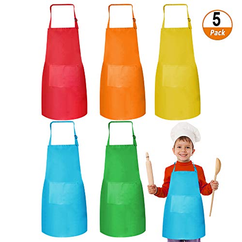 Heqishun 5 Piezas de Delantal de Niños con Bolsillo, Unisex Poliéster Delantal Infantil Ajustable Delantal Niño Manualidades para, Cocinar Smock, Escuela, Pintar (5 Colores)