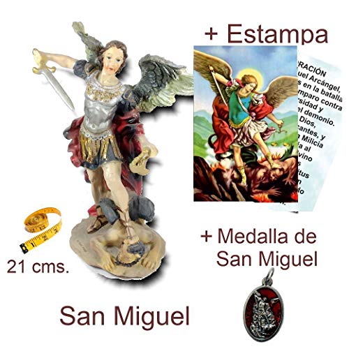 Heraldys.- Figura San Miguel Arcangel en Resina epoxi Pintada a Mano 21 cms. + Estampa + Medalla. También de Regalo estampas de San Expedito, San Pancracio y San Judas Tadeo.