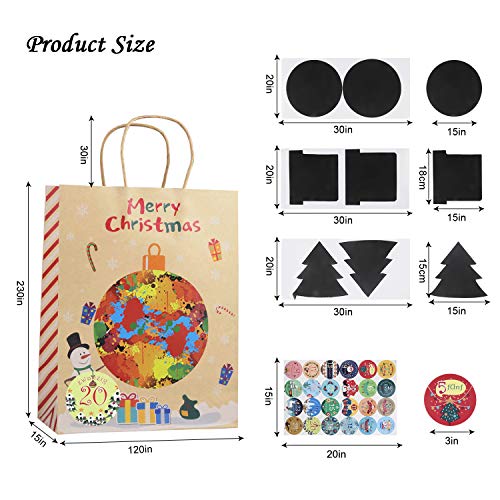 Herefun 24 Piezas Bolsa de Regalo Grande, Bolsa de Papel con Asa, Calendario de Adviento Navidad con Pegatinas, Decoración Navideña para el Hogar para Niños Suministros Fiesta