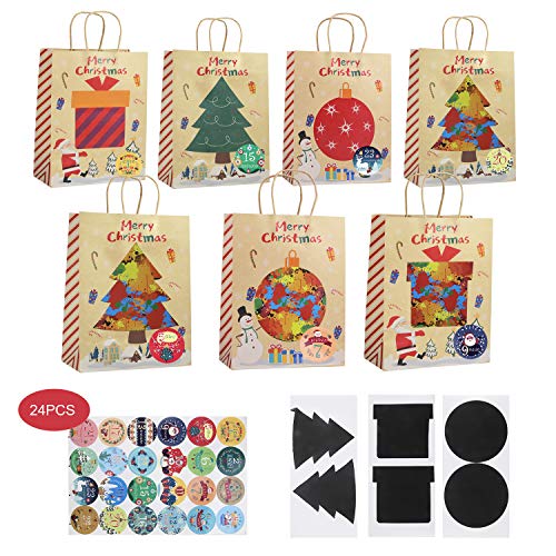 Herefun 24 Piezas Bolsa de Regalo Grande, Bolsa de Papel con Asa, Calendario de Adviento Navidad con Pegatinas, Decoración Navideña para el Hogar para Niños Suministros Fiesta