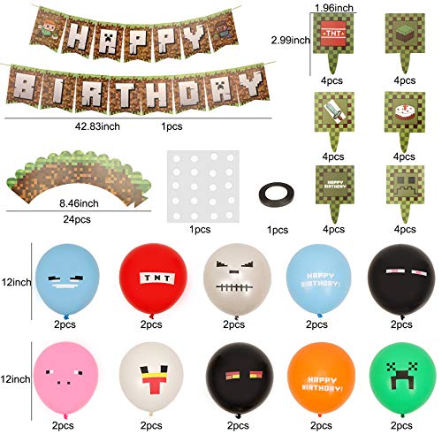 Herefun 71 Piezas Cumpleaños de Tema de Videojuegos Kit, Fiestas de Videojuegos Decoraciones con Banners, Globos, Toppers de Pastel, Borde de Pastel para Suministros de Fiesta de Minero Favores