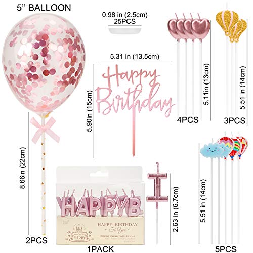 Herefun Adornos de Pastel de Cumpleaños, Velas de Pastel de Cumpleaños de Oro Rosa HAPPY BIRTHDAY Velas Amor Corazón de Tartas de Letras Decoraciones Topper para Cumpleaños Fiesta Temática Romántico