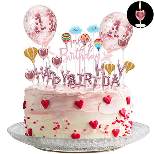 Herefun Adornos de Pastel de Cumpleaños, Velas de Pastel de Cumpleaños de Oro Rosa HAPPY BIRTHDAY Velas Amor Corazón de Tartas de Letras Decoraciones Topper para Cumpleaños Fiesta Temática Romántico