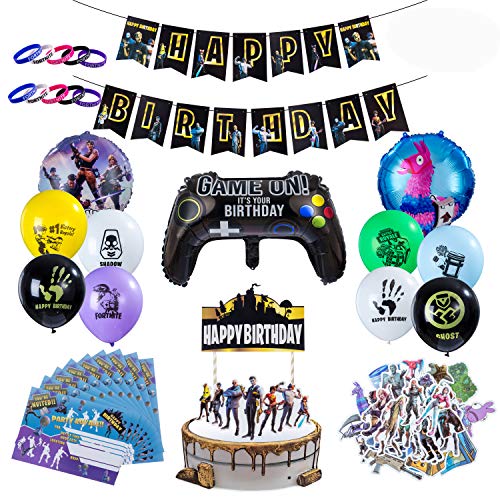 Herefun Artículos de Fiestas para Fanáticos de los Videojuegos, Cumpleaños de Tema de Videojuegos Kit de Suministros para Fiestas, Cumpleaños Decoraciones con Globos Banners, 53 Piezas