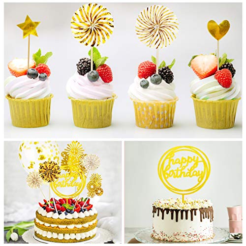 Herefun Cake Toppers, Topper de Magdalena de Acrílico en Estrella Purpurina Forma de Corazón Globos de Confeti Topper de Pastel de Happy Birthday de Topper Decoración de Tartas Niños Cumpleaños