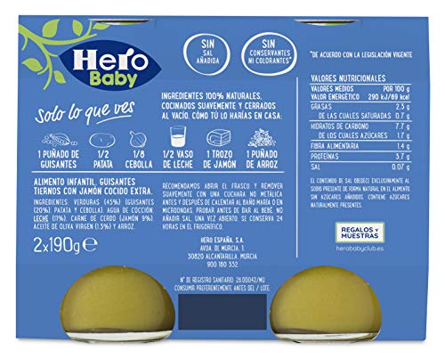 Hero Baby Buenas Noches Guisantes Tiernos con Jamón Cocido Tarrito de Puré para bebés a partir de 6 meses, 190 g