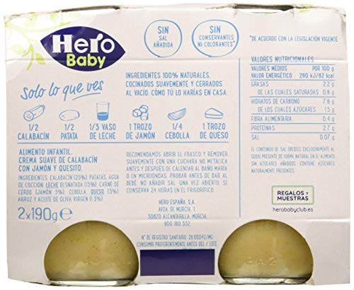 Hero Baby Cocina Mediterránea Tarrito de Crema Suave de Calabacin con Jamón y Queso para bebés a partir de 6 meses Pack de 2 x 190 g