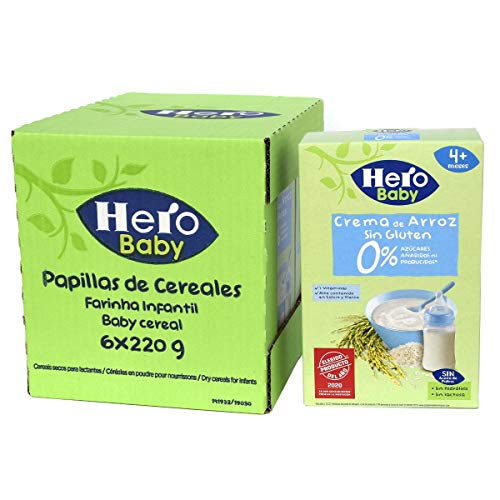 Hero Baby - Papilla de Crema de Arroz sin Gluten y sin Azúcares Añadidos, para Bebés a Partir de los 4 Meses - Pack de 6 x 220 g