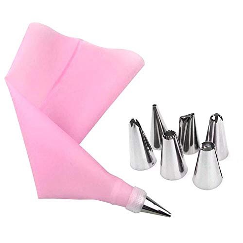 Herramientas de acero 8pcs / Set de silicona formación de hielo de crema pastelera tuberías Bag + 6PCS inoxidable Boquilla Consejos de pastelería convertidor de bricolaje decoración de pasteles, rosa