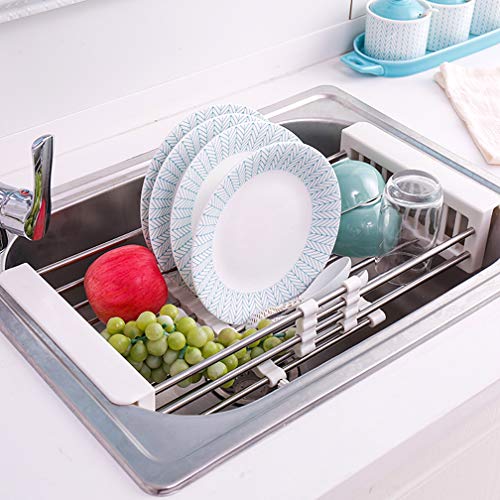 Hershii - Escurreplatos extensible ajustable sobre el fregadero, cesta de acero inoxidable, organizador de almacenamiento superior para cuencos, tazas, platos, frutas y verduras, Width: 17.7cm