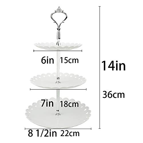 Hetoco 3 Pisos Blanco Plateado Bandeja de Tartas Torre de Postres Soporte para Tartas Cupcakes Food Dessert al Pomeriggio Tea Party Compleanno(Juego de 2)-S