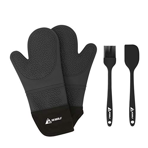 HEWOLF Manoplas de Horno de Silicona Guantes de Horno Resistentes al Calor Antideslizantes Guantes de Cocina Largos con Cepillos y Espátulas de Silicona para Cocinar Asar Hornear, 1 par Negro