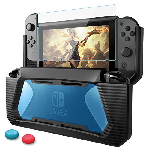 HEYSTOP Funda Compatible con Nintendo Switch con Protector de Pantalla, TPU PC Carcasa de Protección para Nintendo Switch, Anti-Choques/Arañazo (Negro/Azul)