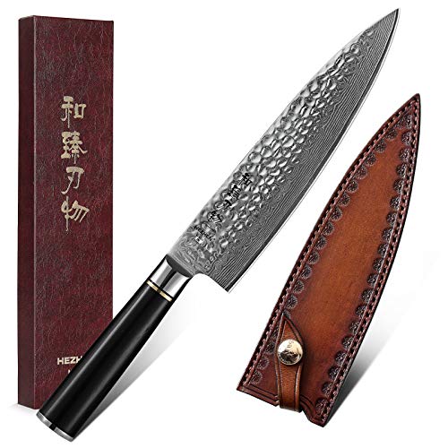 HEZHEN 20.2cm Cuchillo Chef Acero Damascus,Alto Carbón Acero Cuchillo de Cocinero VG10 Profesional Gyuto Japonés Afilado Cuchillos de Cocina con Ergonómico Ebony Mango,Cuero de Funda para Cuchillo