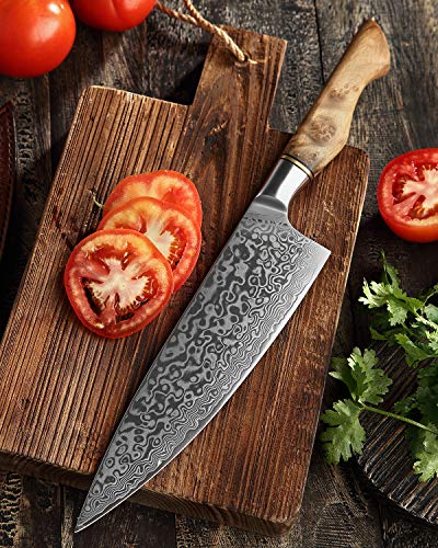 HEZHEN cuchillo de Chef profesional de acero de Damasco de 21cm, cuchillo de cocina VG10 cuchillo Gyuto cuchillo de sushi, adecuado para restaurantes familiares Figured Sycamore Wood Handle