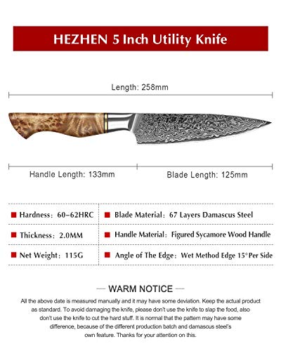 HEZHEN Cuchillo Universal de 12.5cm, hoja afilada, patrón de acero de Damasco, cuchillo de pelar multifuncional VG10,Cuchillo profesional para frutas, mango de madera ergonómico