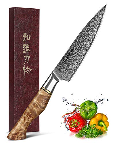 HEZHEN Cuchillo Universal de 12.5cm, hoja afilada, patrón de acero de Damasco, cuchillo de pelar multifuncional VG10,Cuchillo profesional para frutas, mango de madera ergonómico