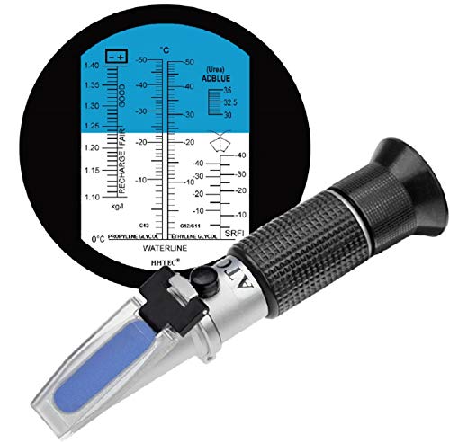 HHTEC 4-en-1 anticongelante refractómetro etilenglicol, propilenglicol, para el punto de congelación de agua de refrigeración, agua de vidrio, AdBlue, batería