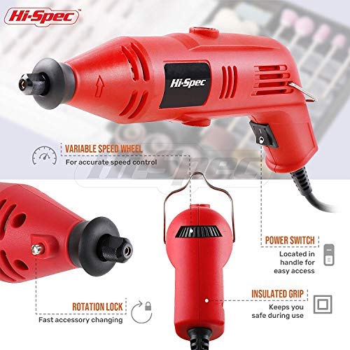 Hi-Spec Mini Amoladora Herramienta Rotatoria Multiusos Eléctrica 135W hasta 30.000rpm para Bricolaje Cortar, Pulir, Lijar, Grabar, Tallar Detalles con Kit de 120 Accesorios