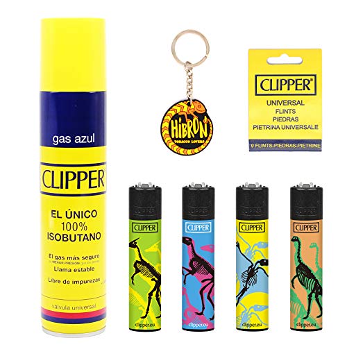 HIBRON Clipper 4 Mecheros Encendedores Diversos Surtidos Bonitos, 1 Carga Gas Encendedor Clipper 300 Ml,9uds De Piedra Clipper Y 1 Llavero Gratis 1-10003-10