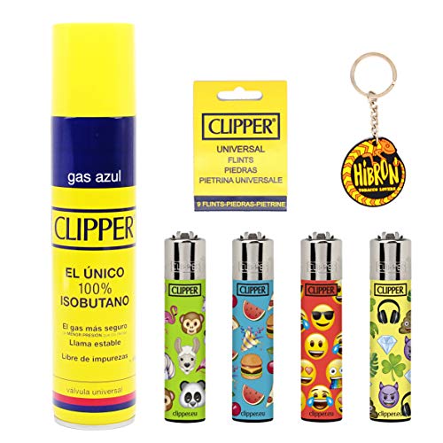 HIBRON Clipper 4 Mecheros Encendedores Diversos Surtidos Bonitos, 1 Carga Gas Encendedor Clipper 300 Ml,9uds De Piedra Clipper Y 1 Llavero Gratis 1-10003-2