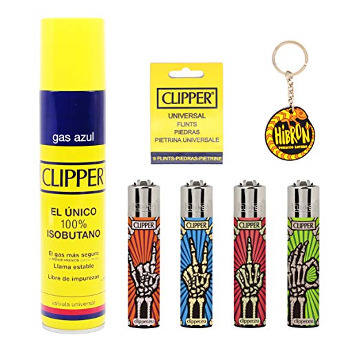 HIBRON Clipper 4 Mecheros Encendedores Diversos Surtidos Bonitos, 1 Carga Gas Encendedor Clipper 300 Ml,9uds De Piedra Clipper Y 1 Llavero Gratis 1-10003-4