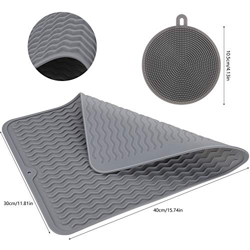 hicoosee Escurreplatos de Silicona Gris 40x30CM con Cepillo de Limpieza Alfombrilla Antideslizante Resistente al Calor para Vajilla, Verduras, Frutas