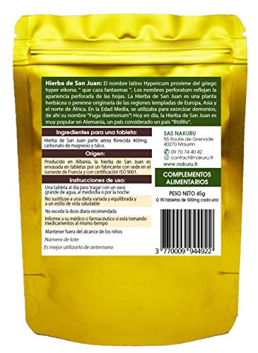 Hierba de San Juan/NAKURU Relax/Polvo orgánico seco y comprimido en frío/Analizado y acondicionado en Francia /"¡La Caza del Demonio!" (90 Tabletas de 500mg / Peso Neto: 45g / Dorado)