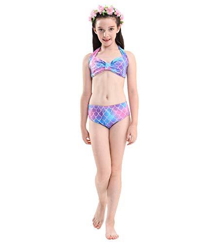 Hifunbay Cola de Sirena Niña para Nadar Incluido Traje de Sirena Baño de Bikini de 3 Piezas y Diadema con Guirnaldas de Flores sin monoaleta (DH48-B07, 120)