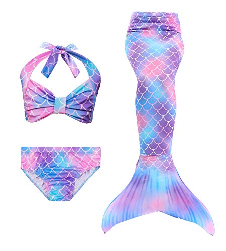 Hifunbay Cola de Sirena Niña para Nadar Incluido Traje de Sirena Baño de Bikini de 3 Piezas y Diadema con Guirnaldas de Flores sin monoaleta (DH48-B07, 120)