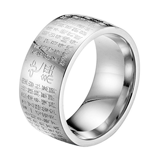 HIJONES Hombre Budista Mantra Corazón Sutra 10 Mm Ancho Anillo De Acero Inoxidable Banda, Sello De Escritura China Estilo Plata Tamaño 19