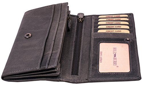 Hill Burry Cartera de Cuero para Mujer | Billetera - Monedero de Cuero Genuino con Aspecto Vintage | Mujeres - Hombre | XXL Largo Grande Capacidad (Gris)