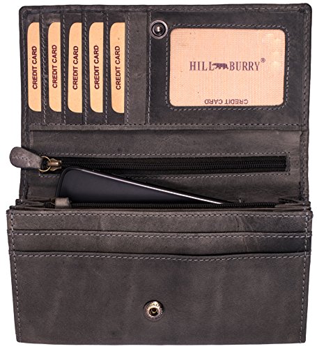 Hill Burry Cartera de Cuero para Mujer | Billetera - Monedero de Cuero Genuino con Aspecto Vintage | Mujeres - Hombre | XXL Largo Grande Capacidad (Gris)