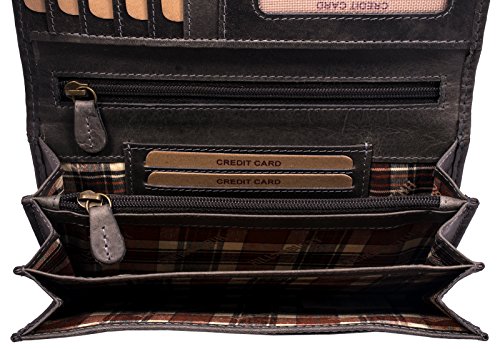 Hill Burry Cartera de Cuero para Mujer | Billetera - Monedero de Cuero Genuino con Aspecto Vintage | Mujeres - Hombre | XXL Largo Grande Capacidad (Gris)