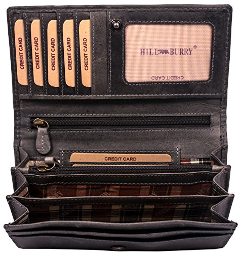 Hill Burry Cartera de Cuero para Mujer | Billetera - Monedero de Cuero Genuino con Aspecto Vintage | Mujeres - Hombre | XXL Largo Grande Capacidad (Gris)