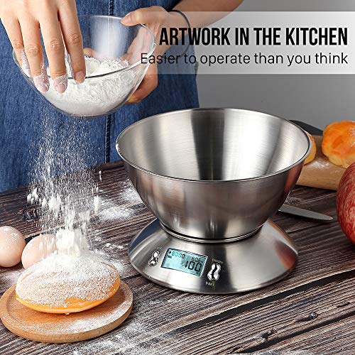 himaly Báscula Digital para Cocina con Tazón Removible, 11 lbs / 5 kg, Báscula Balanzas de Alta Precisión Balanza de Alimento Multifuncional, Peso de Cocina con LCD(Baterías Incluidas)