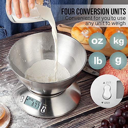 himaly Báscula Digital para Cocina con Tazón Removible, 11 lbs / 5 kg, Báscula Balanzas de Alta Precisión Balanza de Alimento Multifuncional, Peso de Cocina con LCD(Baterías Incluidas)