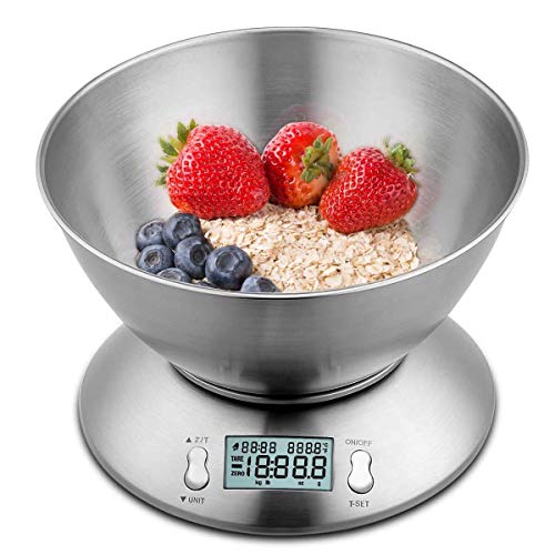 himaly Báscula Digital para Cocina con Tazón Removible, 11 lbs / 5 kg, Báscula Balanzas de Alta Precisión Balanza de Alimento Multifuncional, Peso de Cocina con LCD(Baterías Incluidas)