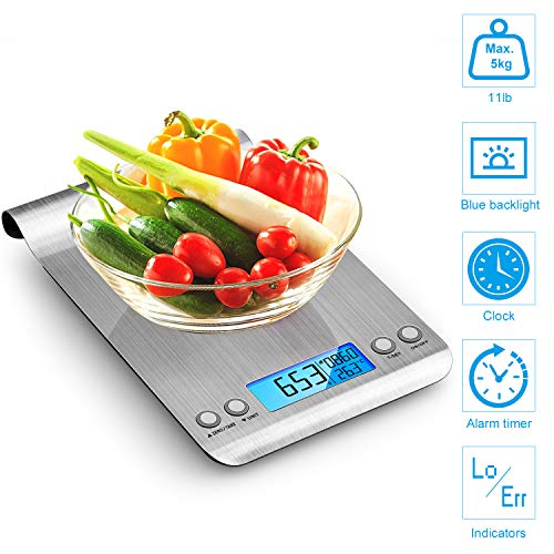 himaly Báscula Digital para Cocina de Acero Inoxidable, 5KG/11 LB, Báscula Balanzas de Alta Precisión Balanza de Alimento Multifuncional, Peso de Cocina con LCD(Baterías Incluidas)