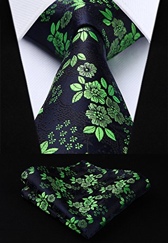 HISDERN Panuelo de corbata de Paisley floral extra largo Conjunto de corbata para hombre y panuelo de bolsillo (verde y azul oscuro)