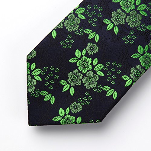 HISDERN Panuelo de corbata de Paisley floral extra largo Conjunto de corbata para hombre y panuelo de bolsillo (verde y azul oscuro)