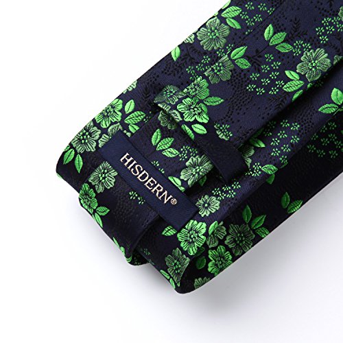 HISDERN Panuelo de corbata de Paisley floral extra largo Conjunto de corbata para hombre y panuelo de bolsillo (verde y azul oscuro)