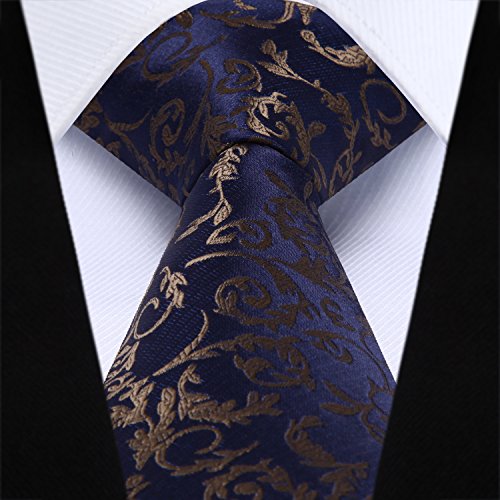 HISDERN Panuelo de lazo de boda Paisley floral Panuelo de corbata de hombre y conjunto de bolsillo cuadrado Azul marino/Marron