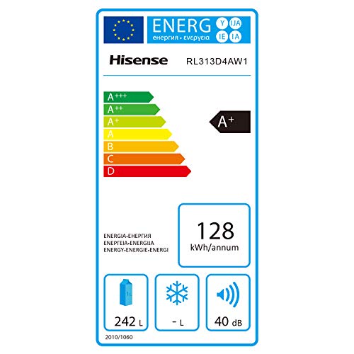 Hisense RL313D4AW1 - Frigorífico de una puerta, clase A+, capacidad neta 242 l, 143,4 cm alto, patas ajustables, silencioso 40dB, color blanco