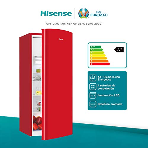 Hisense RR220D4AR2 - Frigorífico una puerta, clase A++, botellero cromado, estantes XXL, 164 l de capacidad neta, 128 cm alto, silencioso 40dB, color rojo