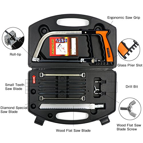 Hiveseen Mini Set Sierra de Mano, 15-in-1, Multiusos, HSS Juego de 12 Pulgadas con 5 Hojas de Sierra, Serrucho Pequeña Manual Herramienta de Arco para Cristal, Azulejos, Madera, Metal, Plástico