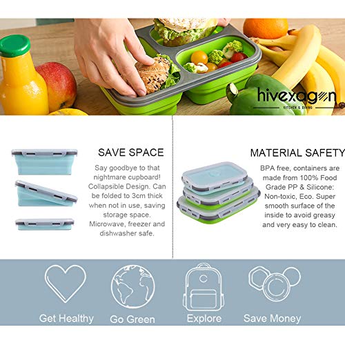 Hivexagon Contenedores de Almacenaje de Alimentos de Silicona Plegable 4 pack Almuerzo Caja para Bento sin BPA para Acampar, Senderismo CP012