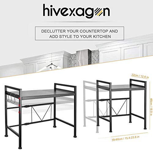 Hivexagon Estante de Horno Extensible de microondas con estantería de Almacenamiento de 2 Niveles - Longitud y Altura ampliables - con 3 Ganchos Organizador de mostrador de Cocina HG526